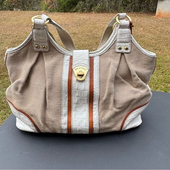 Brahmin Elisaleather handbag canvas body and crocodile-embossed leather trim